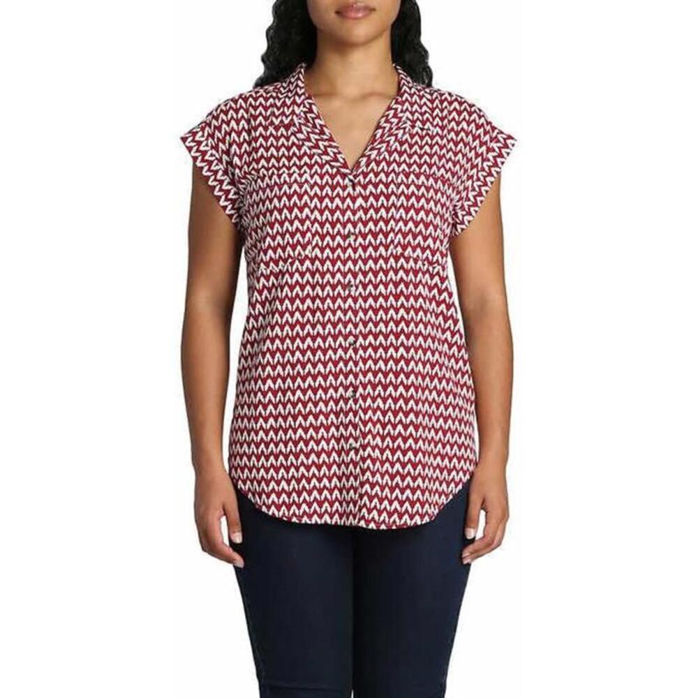 Jachs Girlfriend Women's Red White 2 Pocket Cap Sleeve Button Down Shirt Size XL